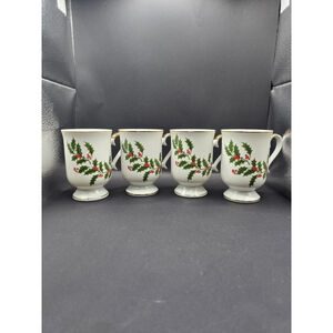 Set Of 4 Macys ALL THE TRIMMINGS Holly Pattern Tall Coffee Mugs . Christmas